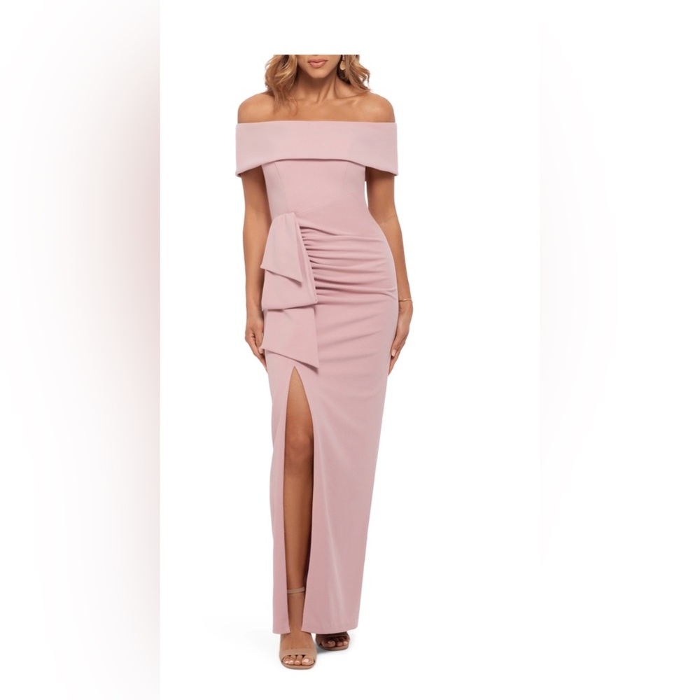 Rose Pink off-the-shoulder formal dress. Brand new with tags.